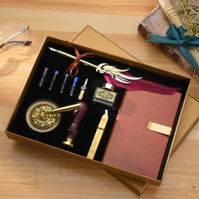 China Student Retro Quill Fountain Pen Writing Ink Notebook Set With Seal Wax Stamp Stationery Gift Box Creative School Office Supplies for sale