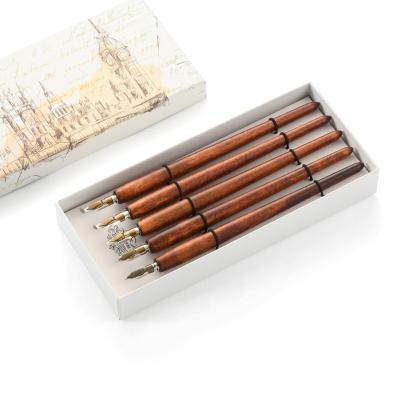 China Stainless Steel Dip Pen Set Art Drawing Wooden Pen 5 Seed Cartoon Sketching Promotional Fountain Pen Set Artist Pen for sale