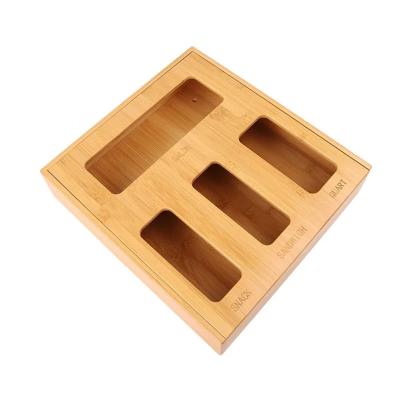 China Stocked Multifunctional household goods Natural Bamboo box organization wood kitchen drawer Zip lock Bag Storage Finishing dispenser box for sale