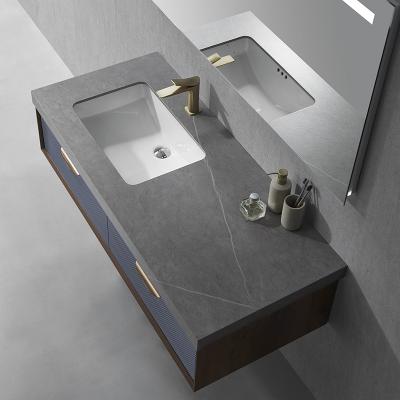 China Modern Hotel Single Sink Bathroom Vanity With Mirror, Natural Cream Marble Bathroom Cabinet for sale