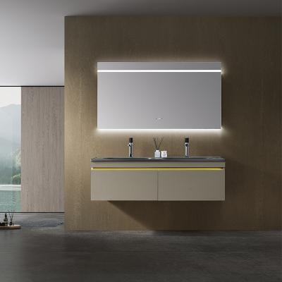 China Modern Hot Selling Modern Double Sink Marble Bathroom Cabinet Washroom White Floating Solid Wood Vanity With Mirror for sale