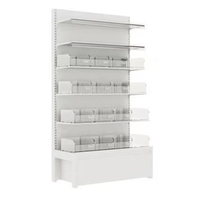 China Factory Custom White Plastics Supermarket Grocery Snacks Double Sided Display Rack Shelving for sale