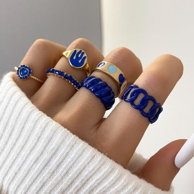 China Yunchang Retro Charm Oil Love CLASSIC Hot Selling Blue Drip Simple Twist Diamond Flame Ring Set Of 6 For Women Girls for sale