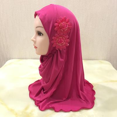 China Soft Smooth Feeling Little Girl Malaysia Fashion Snap Hijab With Ice Flower Prayer Hijabs Warm Silk Arab Turban Snap Cap For Kids for sale