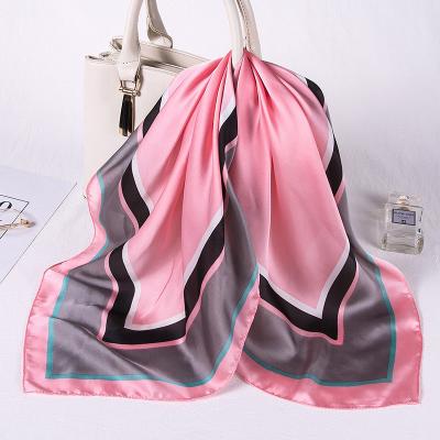 China New soft soft feeling satin scarf ladies simulated printing silk geometric square small scarf professional soft scarf for sale