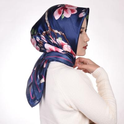 China Muslim Soft Feeling 90CM Square Scarf Women Print Hijab Summer Satin Silk Scarf Ladies Beach Shawl Print Flower for sale