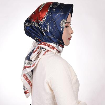 China Summer Soft Smooth Muslim Satin Hijab Print Warp Scarf Women Square Feeling 90CM Silk Scarf Ladies Beach Shawl for sale