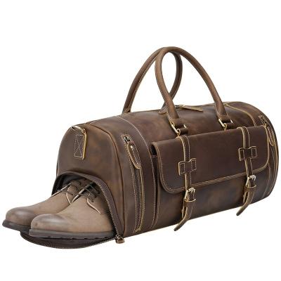 China Vintage TIDING Custom Weekender Travel Bag Genuine Leather Overnight Duffel Bag With Shoes Compartment for sale