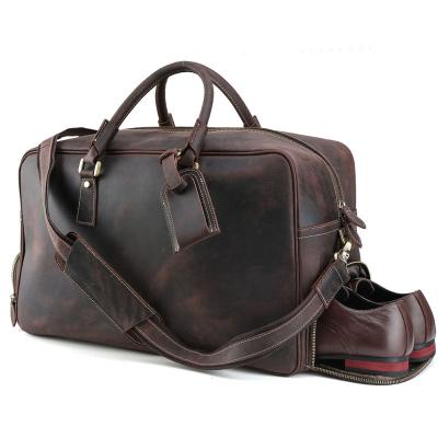 China Custom OEM Overninght Weekend Gym Bag Men Vintage Logo Crazy Horse Leather Carry On Duffel Bag With Shoes Compartment for sale