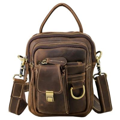 China TIDING Vintage Mini Brown Real Leather Men's Vintage Shoulder Bag Belt Bag Zipper Pockets Multifunctional Messenger Bag for Man for sale