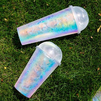 China Food Grade Material Plastic Color Changing Cups Low Price Black 16 Oz Beverage Clear Customization Rainbow Film Bubble Tea 90mm Cup for sale