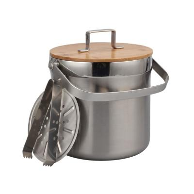 China CLASSIC stainless steel insulated double walled stainless steel ice bucket with ice tongs and bamboo lid for sale