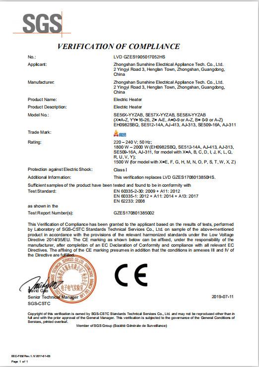 CE - Zhongshan Sunshine Electrical Appliance Tech. Co., Ltd.