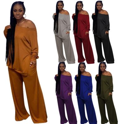 China Anti-pilling 2021 Custom Logo Wide Leg Pants Plus Size 2 Piece Sets Falls Solid Two Piece Set Leisure For Women for sale