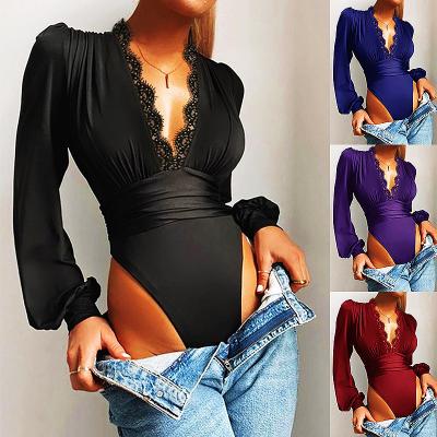 China Fashionable Bodysuit Deep V-Neck Lace Solid Color Underwear Women's Tight Tops Comfortable Autumn Customized LOGO Jumpsuit QUICK DRY for sale