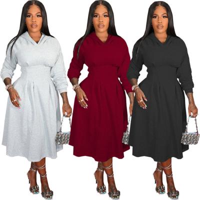 China 2021 Autumn Spring Fashion Ladies Hooded Swing Dress Anti-Static Women High Waist Long Sleeve Swing Dress for sale