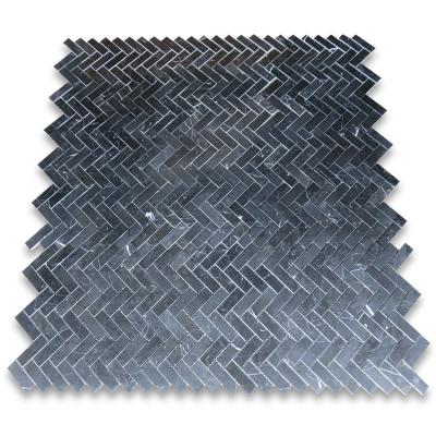 China Parquet Nero Marquina Herringbone Polished Mosaic Slab For Craft Slate Backsplash Maker for sale