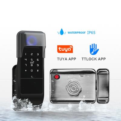 China Home Waterproof Outdoor Door Hotel Apartments Hotel Fingerprint Electronic Door Lock Electric Smart Rim Lock With Wifi App Tuya TTlock for sale