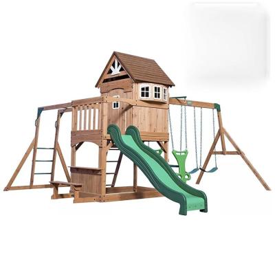 China Kindergarten Good Quality Children Swing And Slide Wooden Manufacturer Kids Wooden Playhouse With Slide Outdoor Garden Wooden Playground for sale