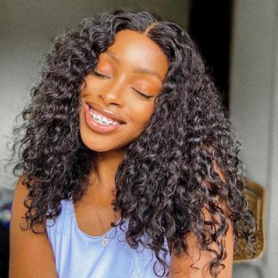 China Transparent Swiss Lace Front Wig For Black Women Half Part Glueless Water Wave Shaggy Water Wave Human Hair Bouncy Lace Wig for sale