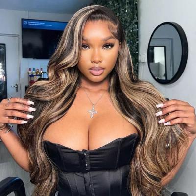 China Body Wave Black Wig With Honey Blonde Highlights Body Wave Front Wig 100% Transparent Swiss Lace Hair Wigs for sale