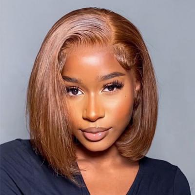 China 100% Short Brown Straight Human Hair Lace Wigs Transparent Swiss Lace Front Human Hair Wig 100% Short Front Wig For Black Women for sale