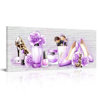 China Ready to Hang Large Size Modern Fashion Woman Purple Flower High Heel Cosmetic Floral Painting Printed Canvas Wall Art for Wall Decor for sale