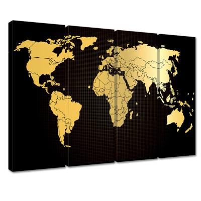 China Large World Map Canvas Wall Art 4 Panel Gold Black Obsolete Vintage Abstract World Map Giclee Map Modern Office Decor Prints for sale