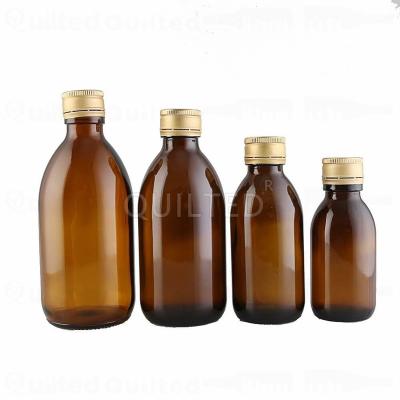 China Medical Use 50ml 100ml 150ml 250ml 300ml Oral Liquid Amber Beverage PET Glass Syrup Bottle With Screw Lid for sale