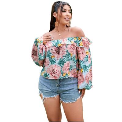 China Hot Selling QUICK DRY Casual Hot Summer Plus Size Chiffon Floral Off- Shoulder Long Puff Sleeves In The Top Stocking Custom Women's Shirt for sale