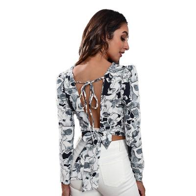 China Casual hot sale sexy floral backless lace up puff sleeves breathable long tie-dye print blouse in round neck stocking custom women's top shirt for sale