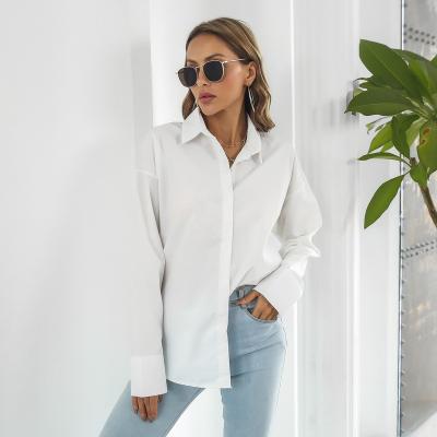 China Casual Classic Summer Career Solid Color Sleeve Shirt Breathable Minimalism Long Sleeve Loose Collar In Midi Stock Custom Women's V-Neck Top Shirt for sale