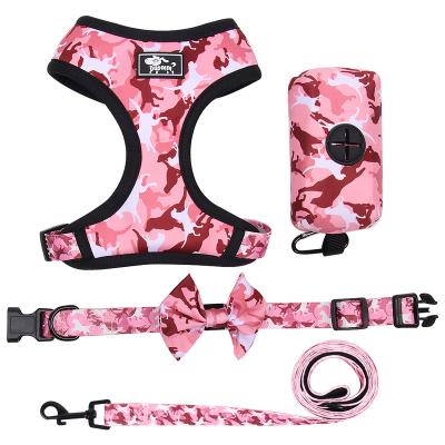 China Personalized Pink Camouflage Dog Vest Harness Set With Bow Collar Leash Poop Bag Holder For Puppy Small Dog for sale