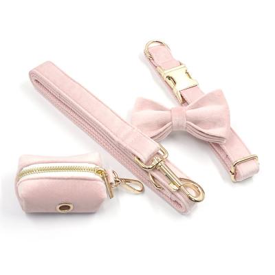 China Customized Padded Pink Puppy Sets Dog Collar Leash Bow Tie Poop Bag In Stock for sale