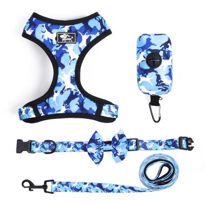 China Custom Light Blue Camouflage Pet Harness Dog Collar Dog Leash Dog Storage Bag Set for sale