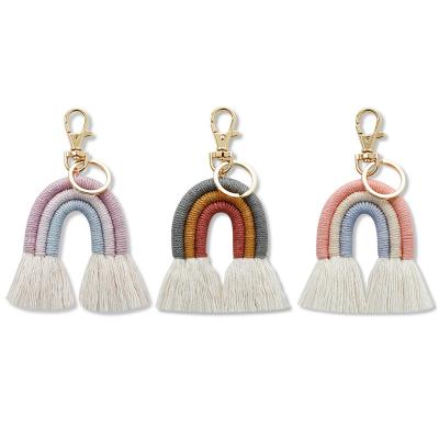 China Small Gift Woven Keychain Dangle Car Mini Macrame Rainbow Keychain Pastel Colors Mini Macrame Keyring for sale