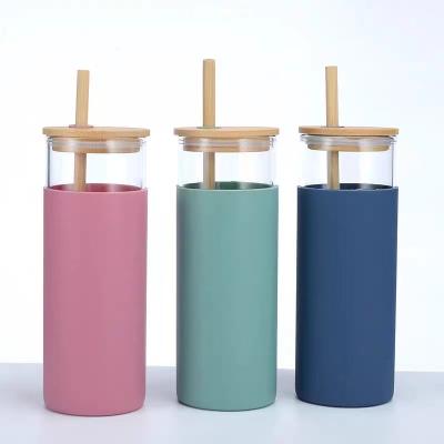 China Bamboo Cover / Bamboo Straw Insulated Silicone Leather Cover With Straw Water Cup Customized Bamboo And Wood Cover High Borosilicate Glass Beverage Cup for sale