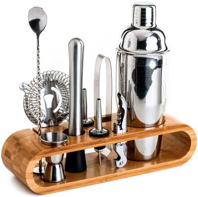 China Minimalist Design 10 in 1 Stainless Steel Cocktail Shaker Set with Wooden Stand 750ml for sale