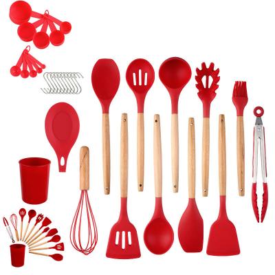 China Stocked Silicone Kitchenware Cookware Sets With Wooden Handle Heat Resistant for OEM/ODM for sale