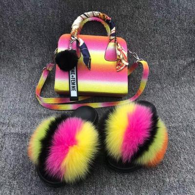 China Lady Amazon hot sale shoes and bag sets purses handbags and high quality PU handbag match fur slips purse set 2021 for sale