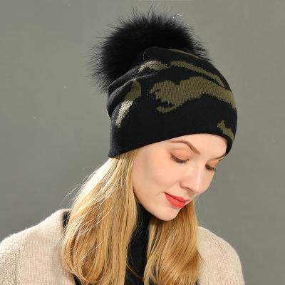 China Real Fur Pom Pom Slouch Wool Beanie Camo Winter Windproof Breathable Wholesale COMMON Camouflage for sale