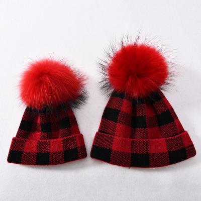 China Kids COMMON Winter Fur Warm Ball Beanie Hats Parent-Child Hat Mother Real and Mommy and Me Girl Cashmere Knitted Hats for sale