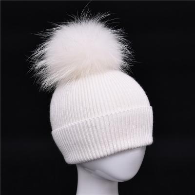 China COMMON Cute Classic Fur Hat Kids Baby Striped Cashmere Knitted Kids Beanie Hat With Big Real Fur Pom Pom for sale