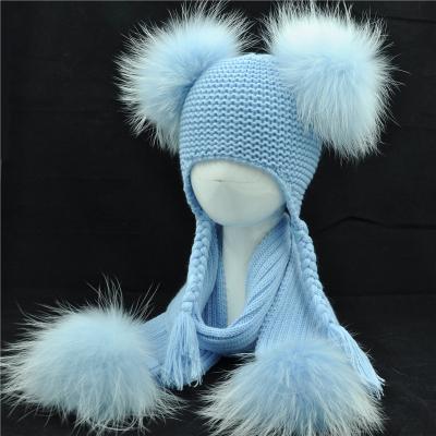 China Winter Long Kids Knitted Hat Scarf Sets Kids Scarf Hat Sets Real Fur Pom Pom Tassel Beanie Scarf Hat Set for sale