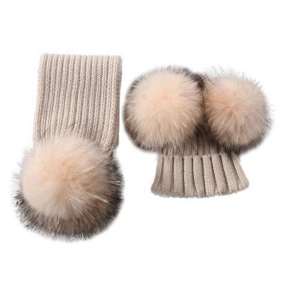 China Warm Hats Beanie Cap Girls Boys Classic Knitted Unisex Fur Ball Long Winter Barred Knit Kids Beanie And Scarf Set for sale