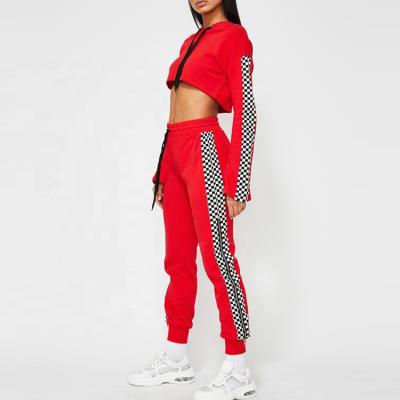 China Custom Print QUICK DRY Red Checkered Running Crop Sport Wear Top Two Piece Tracksuit Set For Women for sale