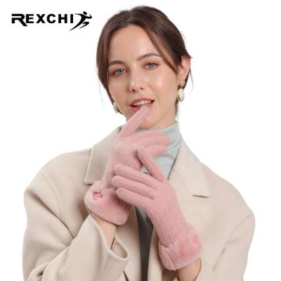 China REXCHI DY35 Fashion Velvet Full Finger Woolen Winter Female Touch Screen Gloves Custom Bow Knitted Warm Gloves for sale