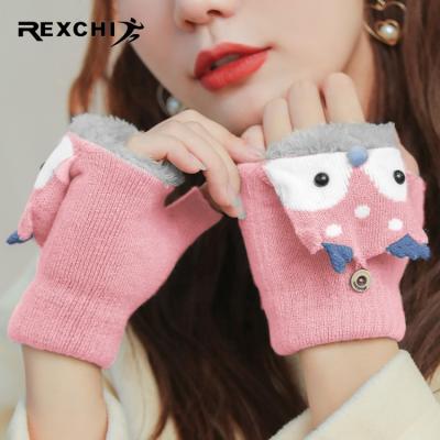 China REXCHI DZ108 Plain Winter Wool Custom Mittens Women Warm Touch Screen Stretchy Half Finger Knit Flip Top Winter Gloves Knitted for sale