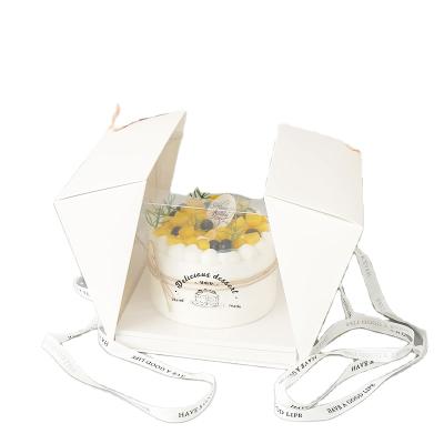 China Hot Selling Recycled Materials White Bakery Folding Boxes With PVC Low MOQ Custom Size From Window In Stock Cake Boxes With Silk Ribbon for sale