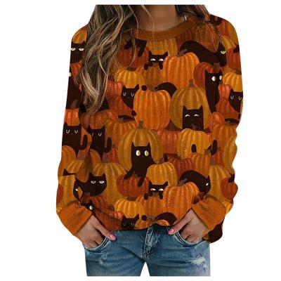 China Wholesale Anti-wrinkle Monogram Women Casual O-neck Pumpkin Print Sweatshirt, Halloween Pullover Tops for sale